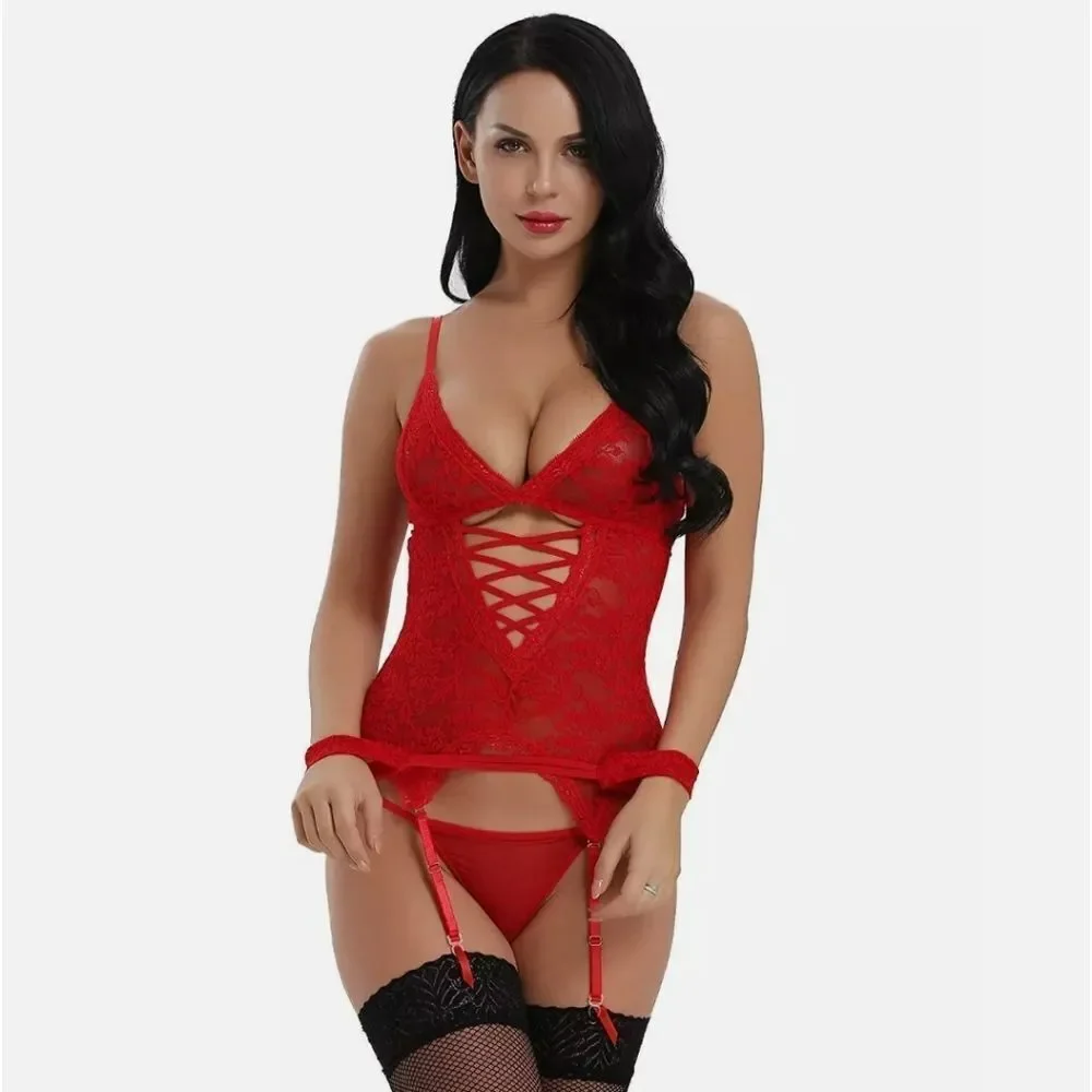 Women Sexy Lingerie Lace Nightwear Midnight Sleepwear Teddy Underwear Wristband
